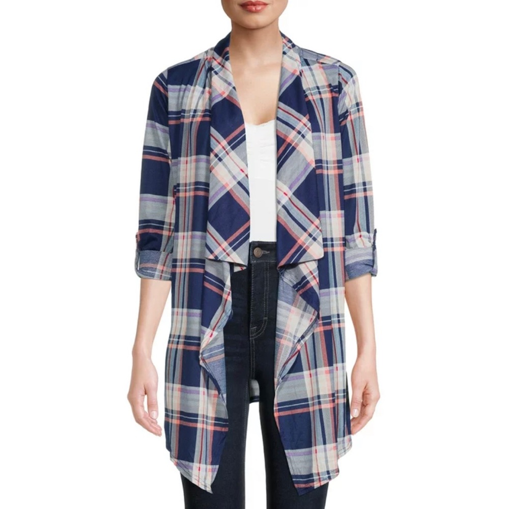 New York Laundry Womens Duster Cardigan Size 2X Open Roll Tab Sleeves Plaid Blue - Picture 1 of 7